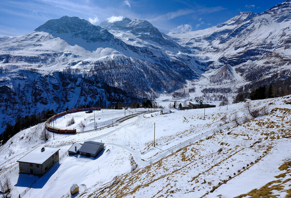 Bernina Red Train & the Alpe Grum station